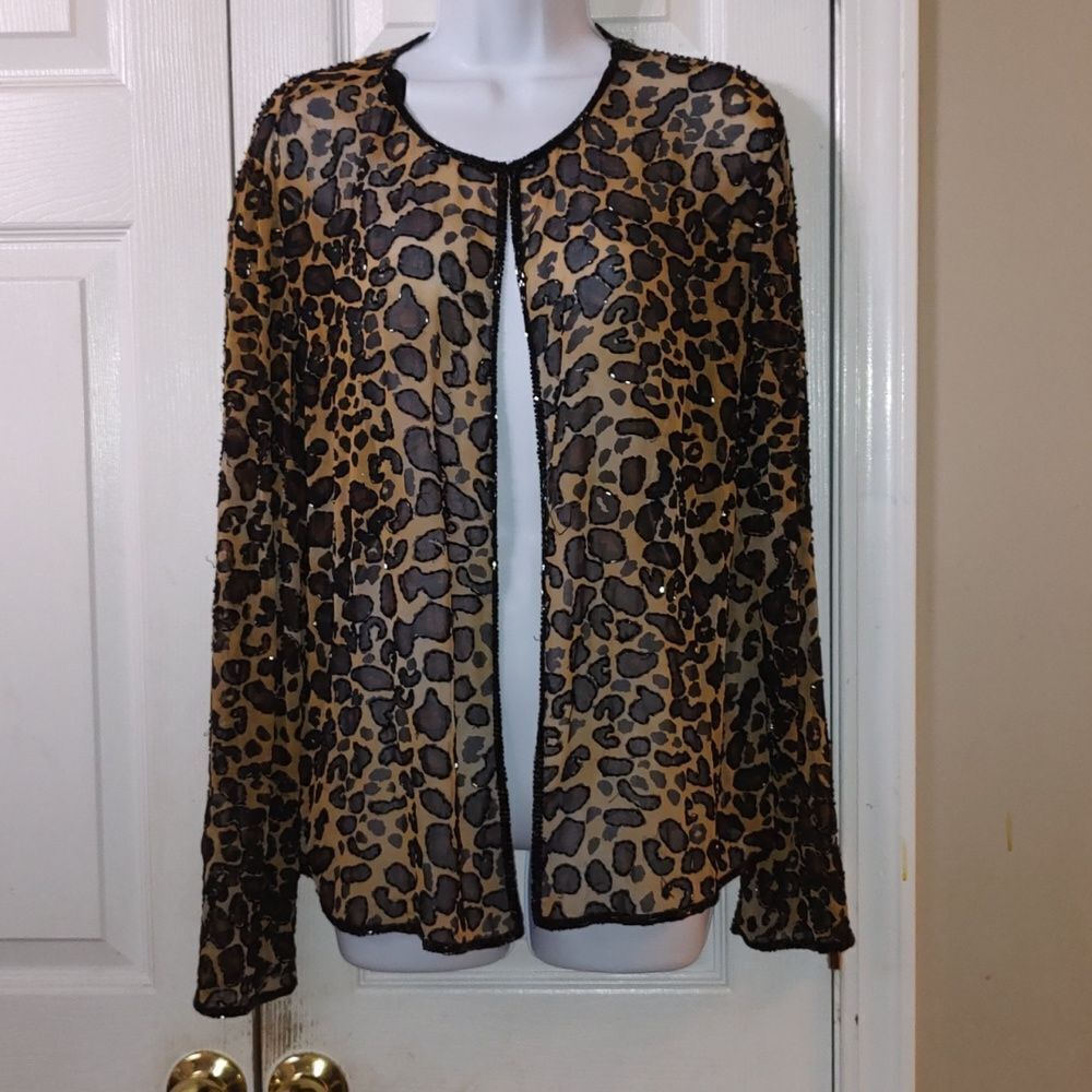 JMD New York leopard print beaded  sheer jacket blazer hook eye closure  Sz XL